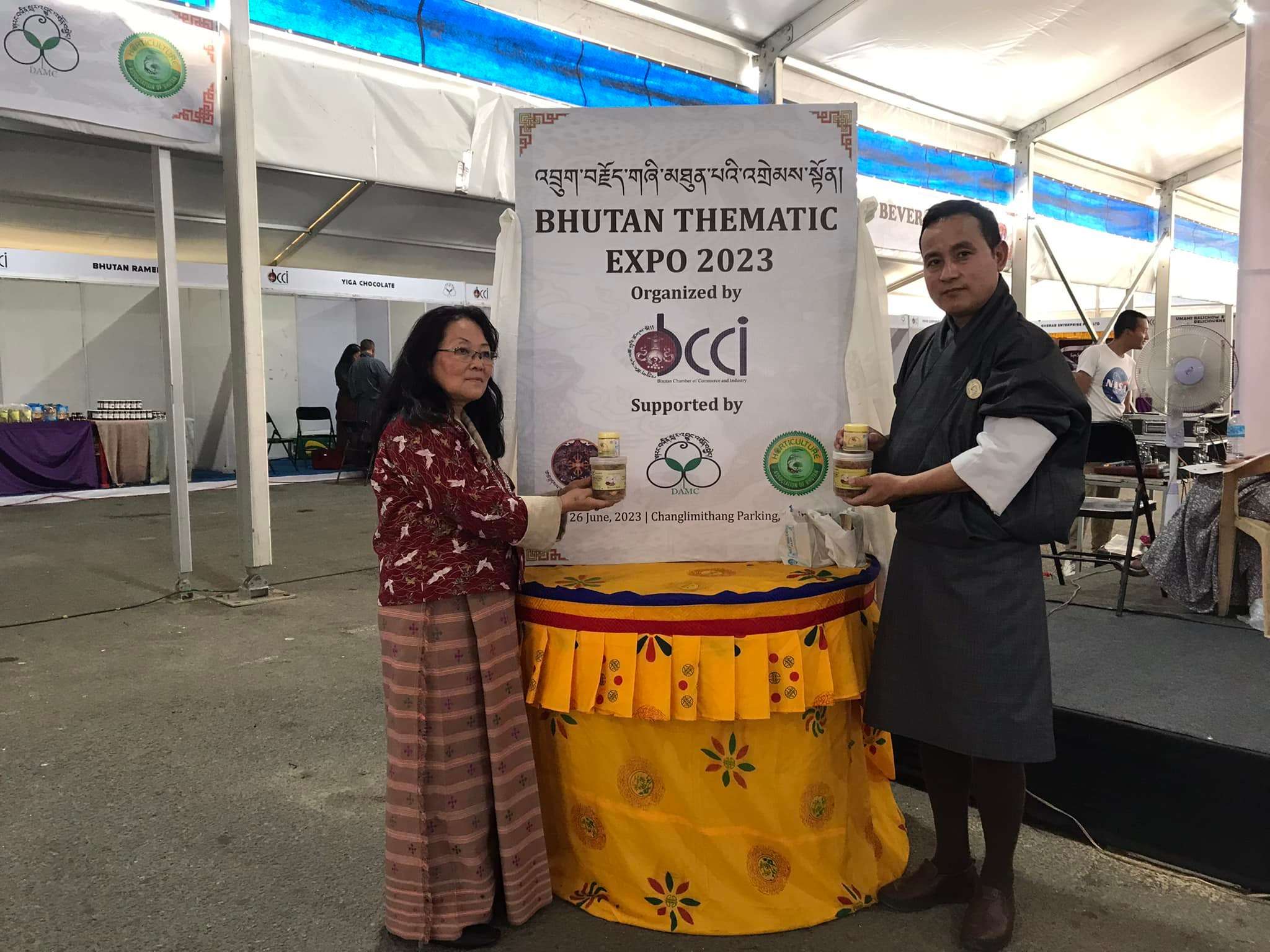 Sherchok woman group from Gelephu presenting locally produced spices at Bhutan Thematic Expo 2023