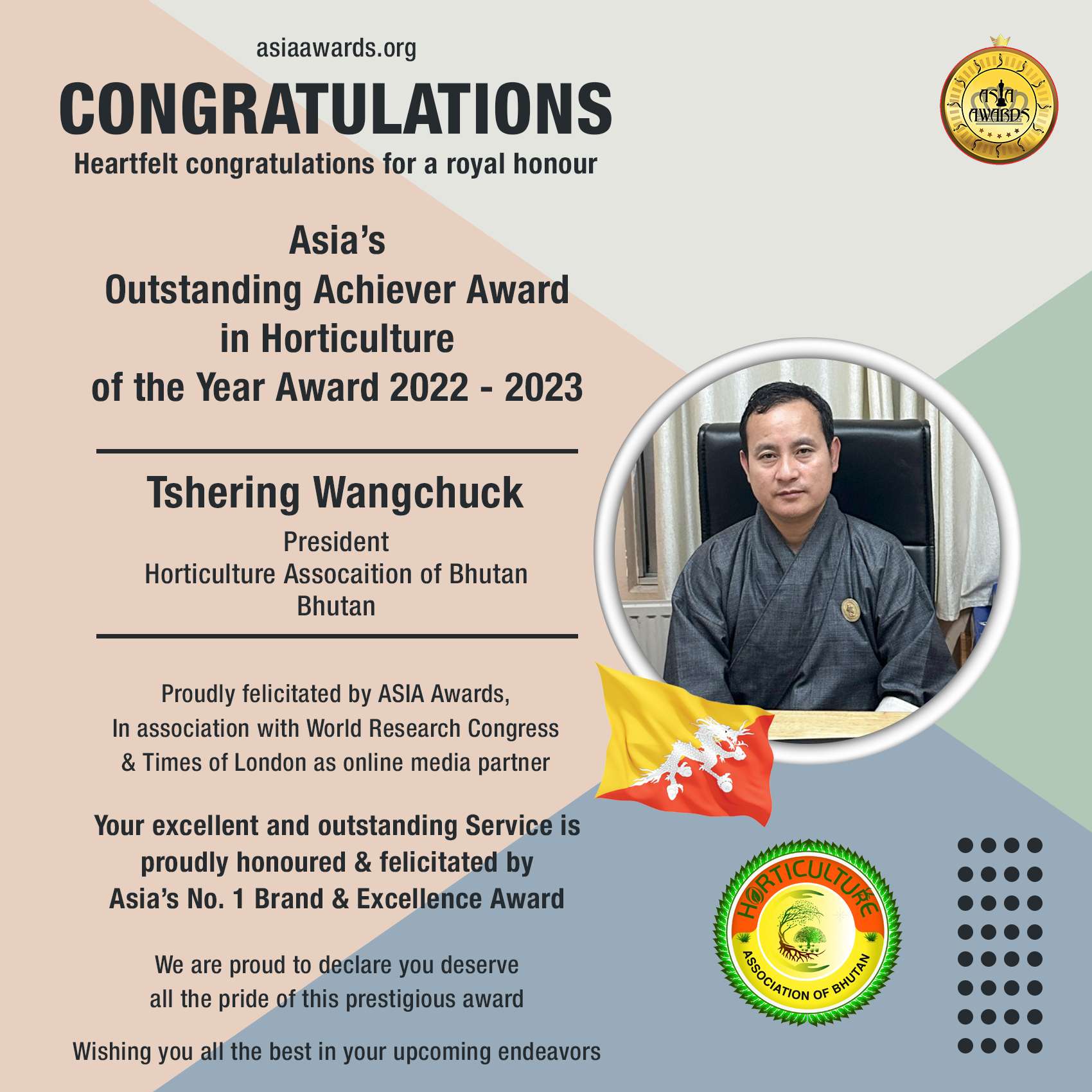 Tshering Wangchuck, President of the Horticulture Association of Bhutan, receiving Asia’s Outstanding Achiever Award in Horticulture